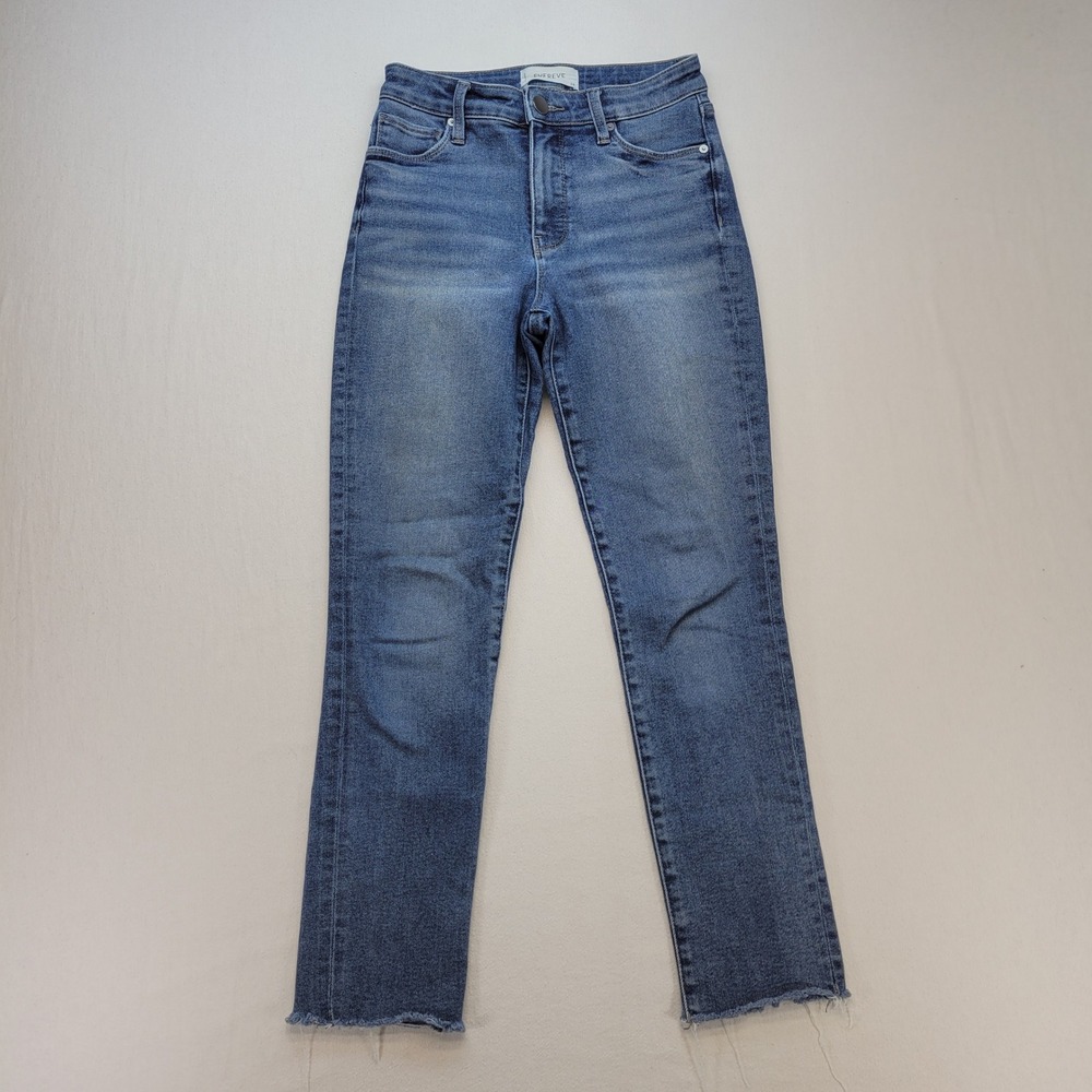 Evereve The Ever Straight‎ Jeans Womens 24 Blue High Rise Raw Hem Denim